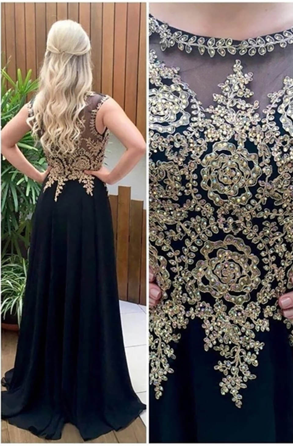 Sexy Illusion Gold Lace Black Long Evening Dress Robe De Soiree A Line Chiffon Evening Party Dresses Vestido De Festa