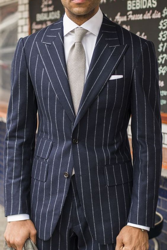 2 Pieces Pinstripe Mens Wedding Suits Two Button Peaked Lapel Groom Formal Wear Prom Tuxedos Best Man Blazer Suit (Jacket+Pants)