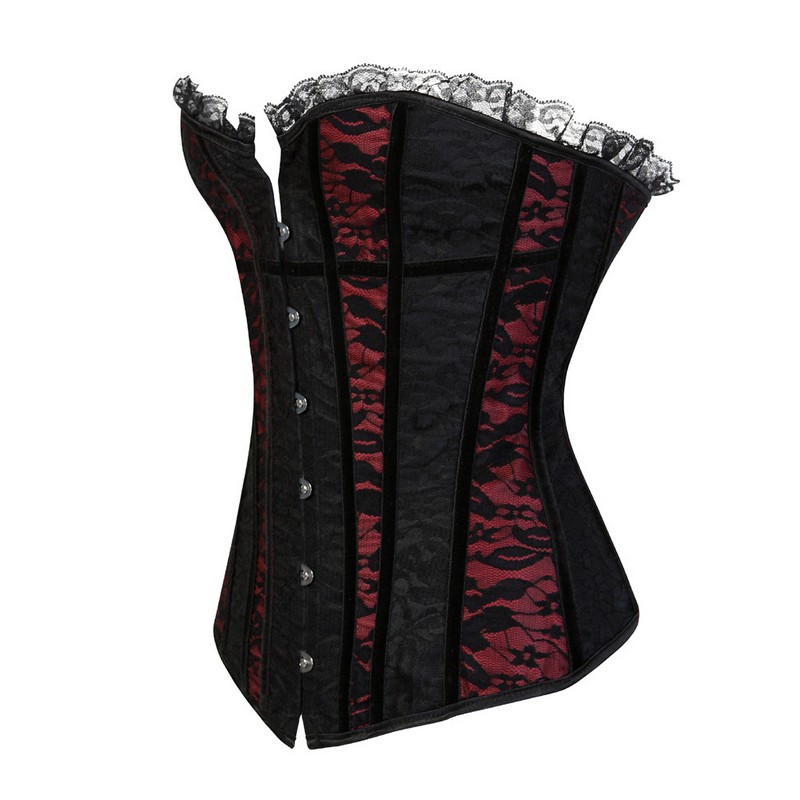 Lace Black Corset Top Women Contrast Lace Ruffle & Overlay Dance Corset Top Plus Size S-6XL Lace-up Overbust Body Shaper Waist Train Corset