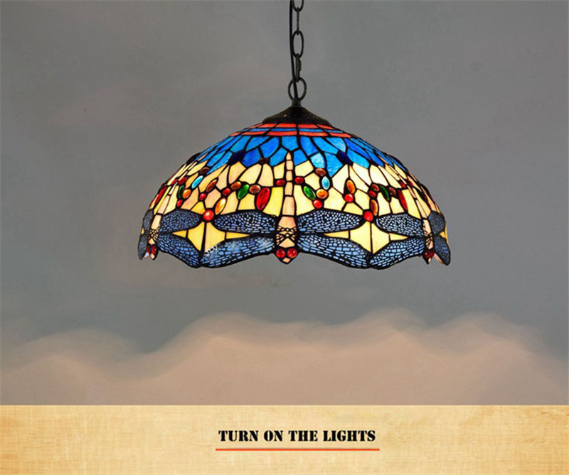 European creative retro Tiffany stainedblue yellow dragonfly art chandelier bar restaurant glass lamp TF022