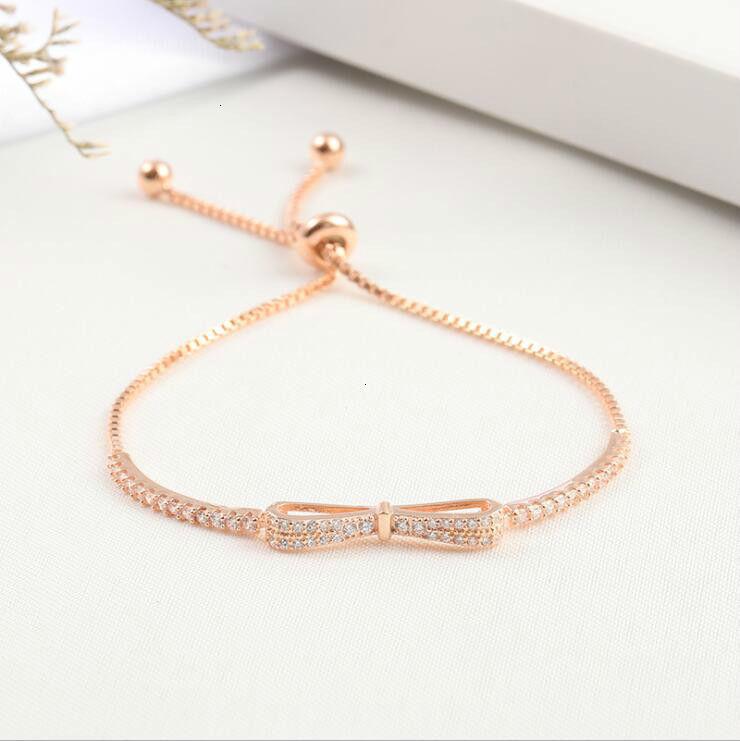 Wholesale-Women Fashion Chain Bowknot Sterling Silver Charms Bracelet Ladies Cubic Zircon Bracelets Female Jewelry