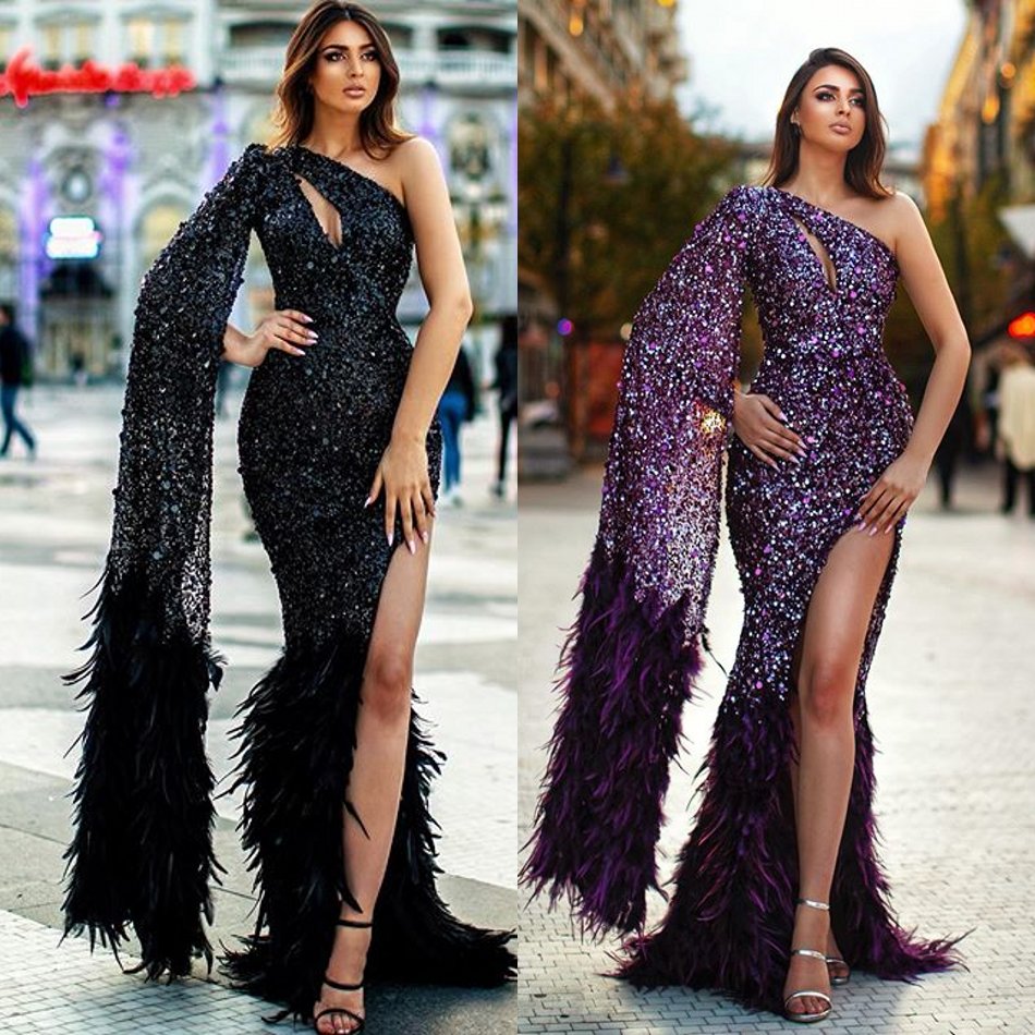 2020 Glitter Mermaid Evening Dresses One Shoulder Sequined Feather Long Sleeves Prom Dress Ruffle Side Split Sweep Train Formal Party Gown, Ivory
2020 Glitter Mermaid Evening Dresses One Shoulder Sequined Feather Long Sleeves Prom Dress Ruffle Side Split Sweep Train Formal Party Gown, Ivory