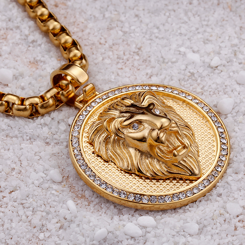 316L Stainless Steel Lion Head Round Pendants Necklace Men's Hip Hop Jewelry Cubic Zirconia 18K Gold Plated with 6mm Chain