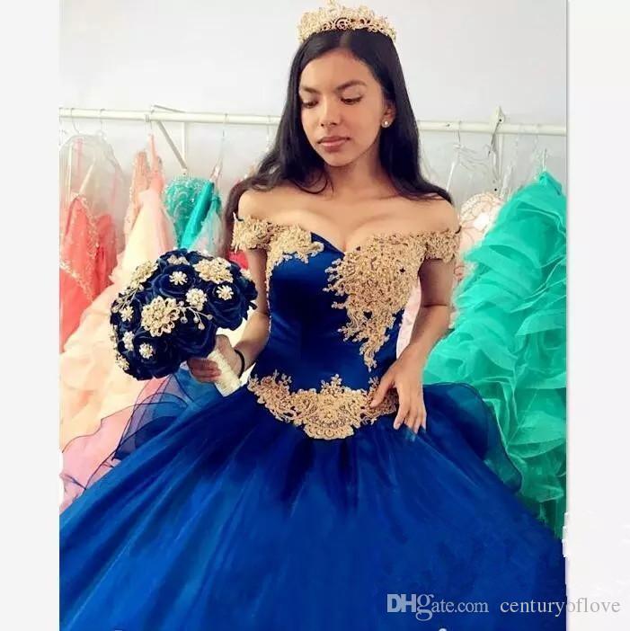 Royal Blue Quinceanera Dresses Off The Shoulder Gold Appliqued Beads Ball Gown Prom Dress Custom Made Sweet 16 Dress Free Petticoat