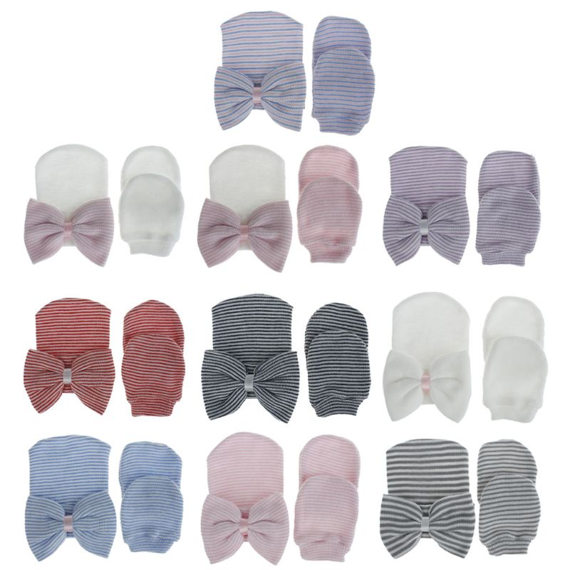 Newborn Baby Hat & Mitten Set,Boy Girl Infant Stripe Cap with Large Bow N1HB