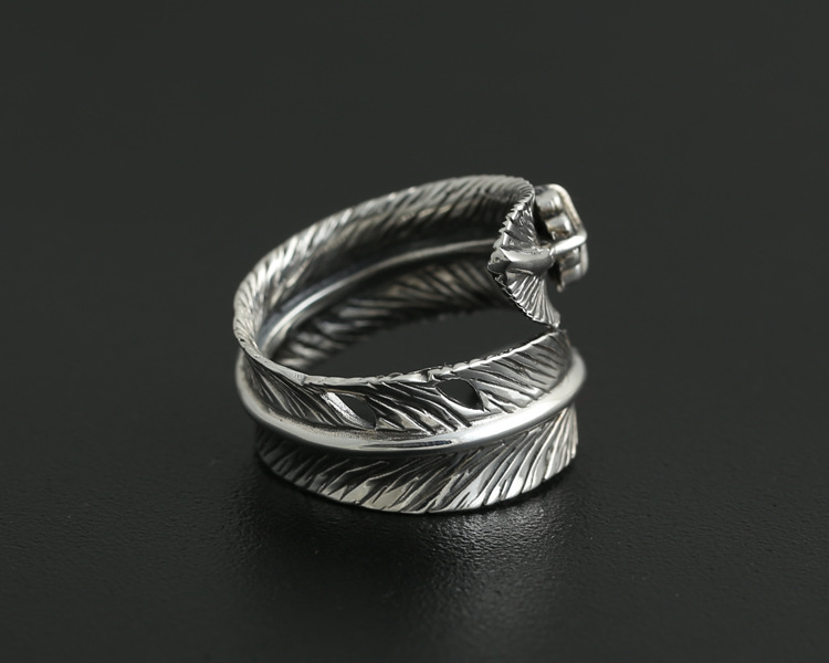 Brand 925 sterling silver jewelry antique silver American Japanese hand-made designer feather open adjustable rings for men women