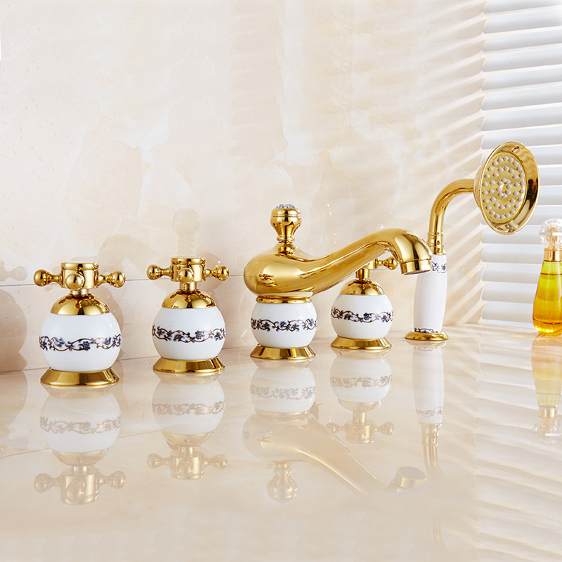 

Bathroom Bathtub Faucets Mixer Set 5 Pcs Spout Tub Sink Mixer Taps Gold Brass and Jade Hot and Cold Water Faucet with Handshower