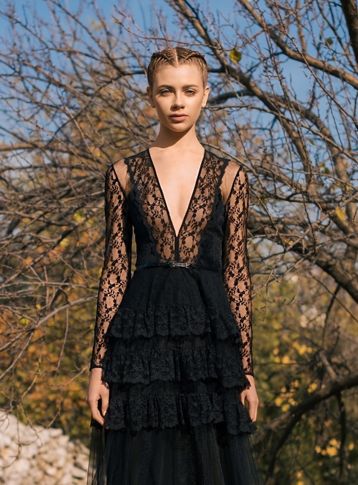 Gorgeous A Line Black Prom Dresses Deep V Neck Illusion Lace Long Sleeve Tiered Skirts Formal Evening Party Dresses