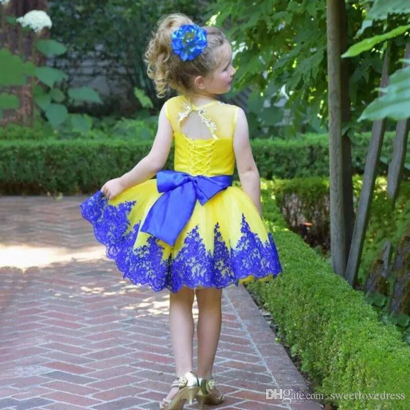 Yellow tulle And Blue Appliqued Short Girls Pageant dresses with O Neck sleeves Back LAce Up bow Knee Length Birthday Party Wears
