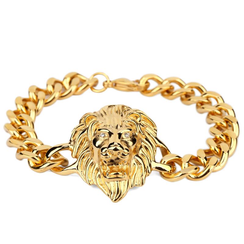 Wholesale-Gold Bracelet Men Hiphop Lion Head Bracelet Charms Stainless Steel Wrist Chains Punk Rock Bracelet 24cm