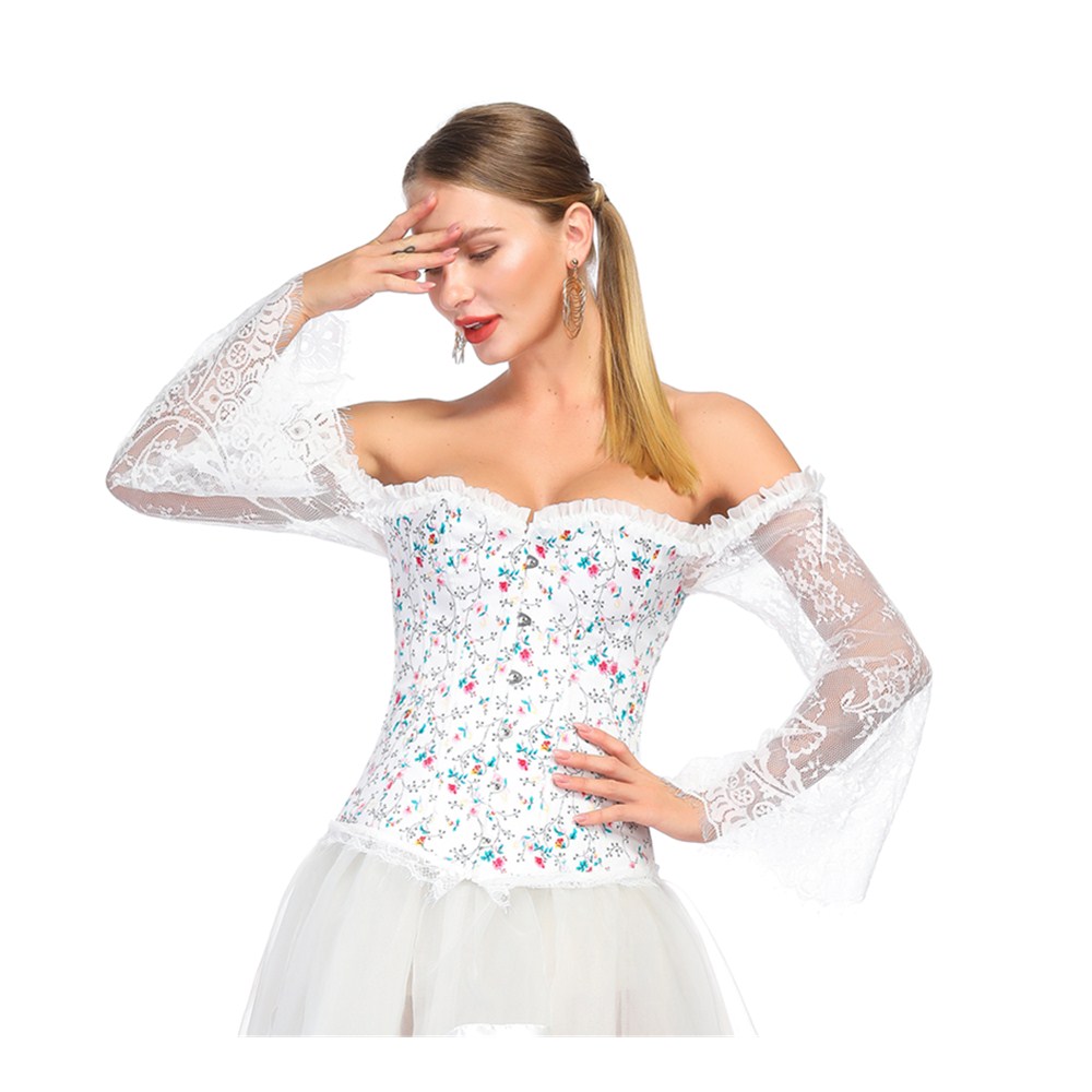 Halloween Victorian Floral Lace Long Flare Sleeve Lolita Ruffle Bridal Corset Push up Bra Bustier Burlesque Party Dancing Corset with Sleeve
