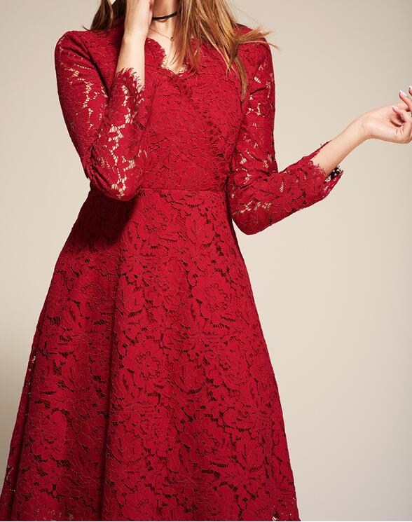 Sexy Dark Red Lace Cocktail Dress Three Quarter Sleeves Zipper Back Lace Party Dress