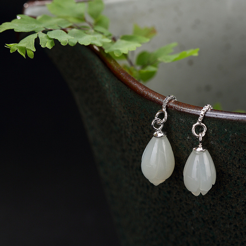 Authentic 925 Sterling Silver Drop Earrings For Women Girls Natural Handmade Long Chain Jade Flower Dangle Earring