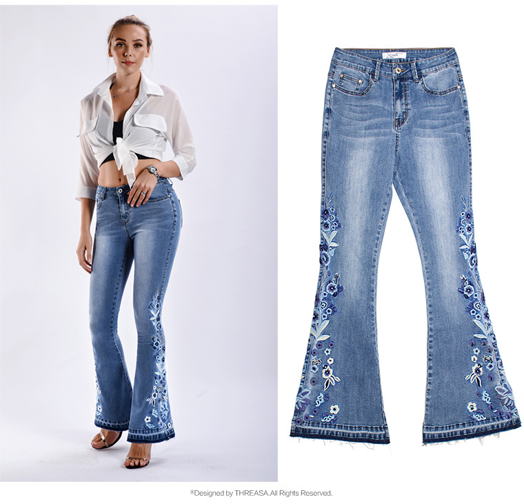 hot sale hot sale Flared And Embroidery Jeans Women'S Floral Skinny Denim Pants Woman Plus Size Wide Leg Jeans