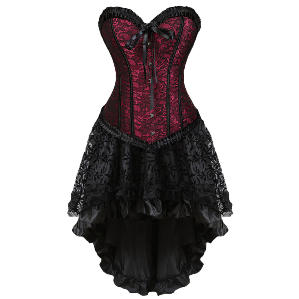 Women Burlesque Corset Skirt Outfit Plus Size S-6XL Jacquard Lace Mesh Overlay Ruffle Trim Overbust Corset with Black Flocked Hi-lo Skirt