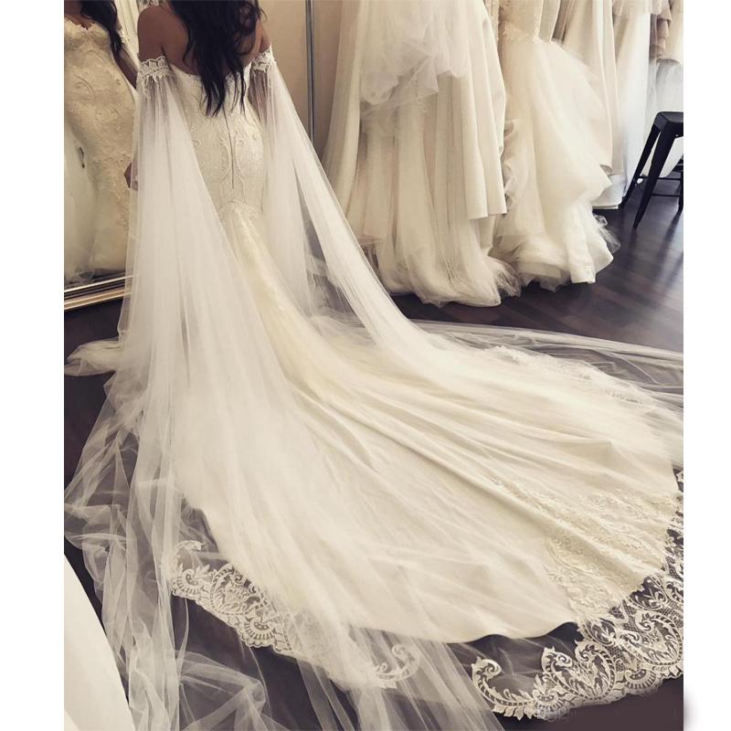 2020 Plus Size Mermaid Wedding Dresses With Shawl Robe de mariee Applique Beading Pearls Wedding Gowns Court Train beautyful Bridal Dresses