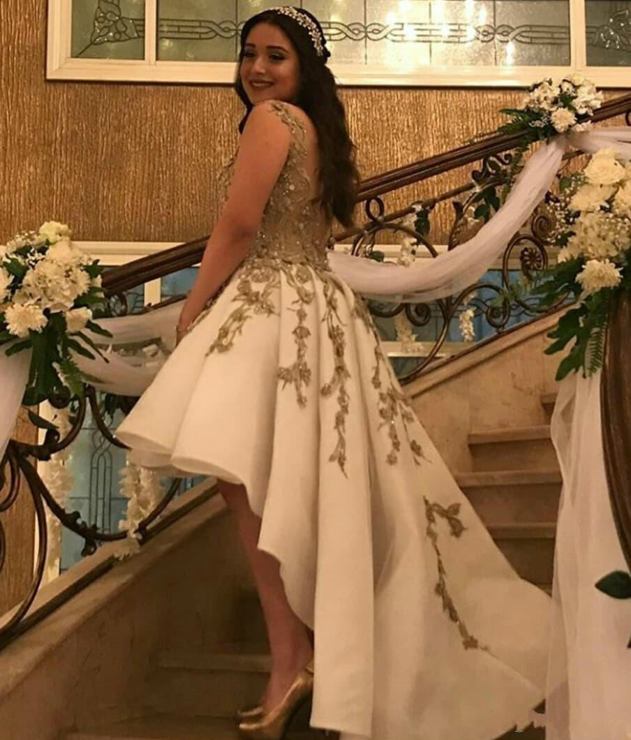 High Low Cocktail Dresses V Neck Lace Appliques Beaded Sequins Formal Evening Gowns A Line Arabic Prom Dress Party Wear