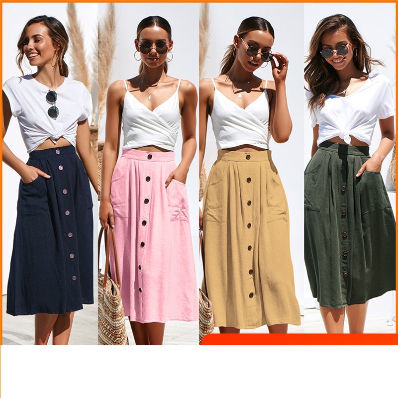Casual Button Up Skirt Spring Summer Cotton Loose High Waist Skirt Pocket A-line Mid Skirt Solid Dress, Pink
Casual Button Up Skirt Spring Summer Cotton Loose High Waist Skirt Pocket A-line Mid Skirt Solid Dress, Pink