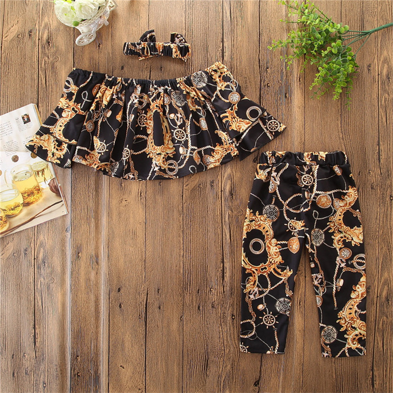 3pcs Toddler Baby Girl Clothes Set Stitching Horn Long-sleeved Bell Sleeve Pants Outfits Floral Printing Suit With Headband