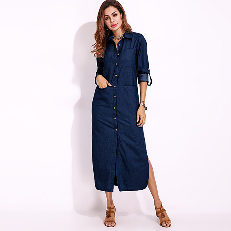 Women Jeans Dress Autumn Spring Long Sleeve Turn-Down Collar Buttons Pocket Split Maxi Dress Women Party Female Vestidos, Light blue 
Women Jeans Dress Autumn Spring Long Sleeve Turn-Down Collar Buttons Pocket Split Maxi Dress Women Party Female Vestidos, Light blue