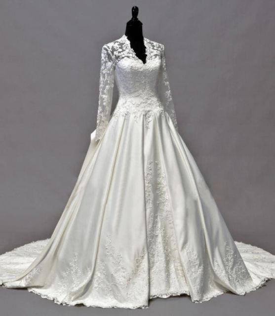 Vintage Kate Middleton Long Sleeves Fall Wedding Dresses A-Line V-Neck Ivory Taffeta Appliques Peplum Bridal Gowns Hot Custom Made