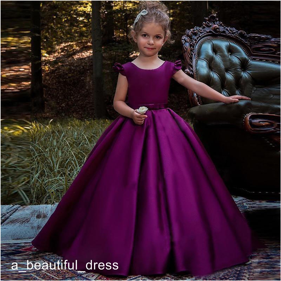 Purple Satin Flower Girl Dresses Bow Back Princess Birthday Party Gowns Toddler Little Girls Pageant Dress First Communion Dresses FG1342
