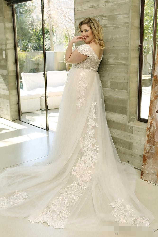 Size Elegant Plus Dresses 2020 Off the Shoulder Lace Applique Sweep Train Tulle Custom Made Cap Sleeves Beach Wedding Gown