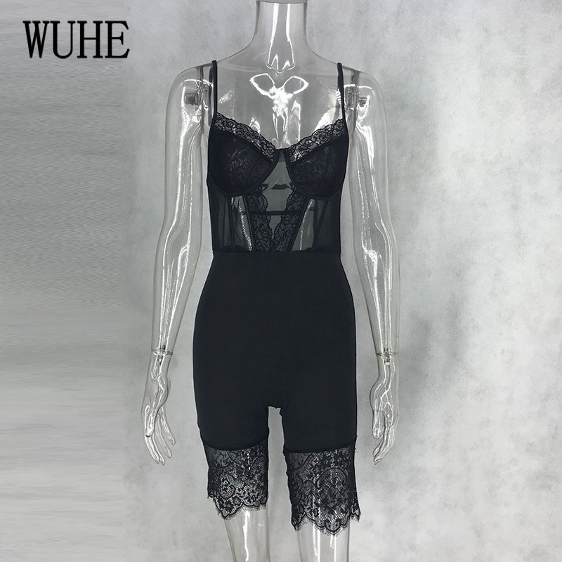 WUHE Lace Patchwork Sexy Spaghetti Strap Jumpsuits Women Off Shoulder Sleeveless Elegant Bodycon Bandage Party Short Playsuits T200113