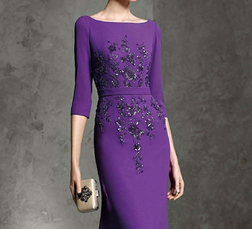 Purple New Mother Of The Bride Dresses Beaded Sequins Appliqued 3/4 Long Sleeve Evening Gowns Plus Size Wedding Guest Dress