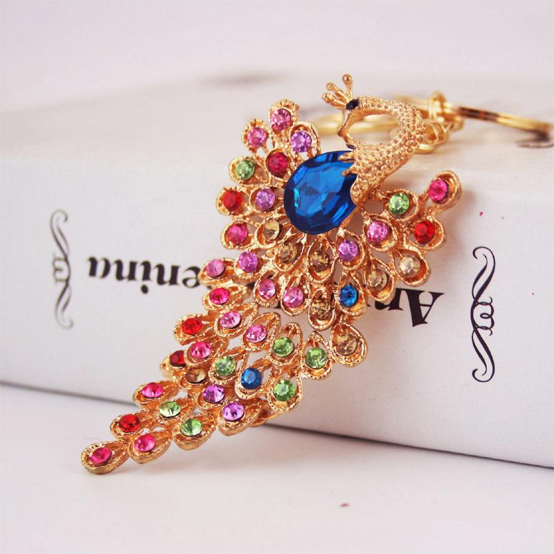 Newest Fashion Keychain 3pcs Colorful Rhinestone Crystal Paved Animal Beauty Peacock Key Chain Hanging Women Car Key Rings