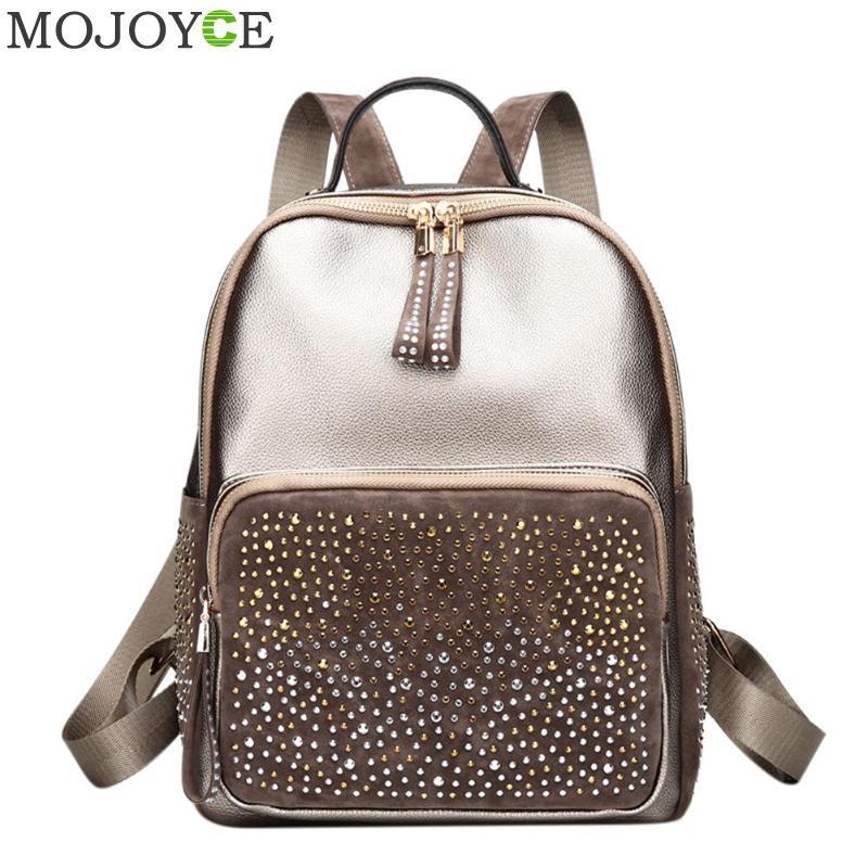 Leisure Style Women Backpack With Rhinestone PU Leather Female Backpacks High Capacity Travel Back Pack Bags Red Black Gold Y18110202