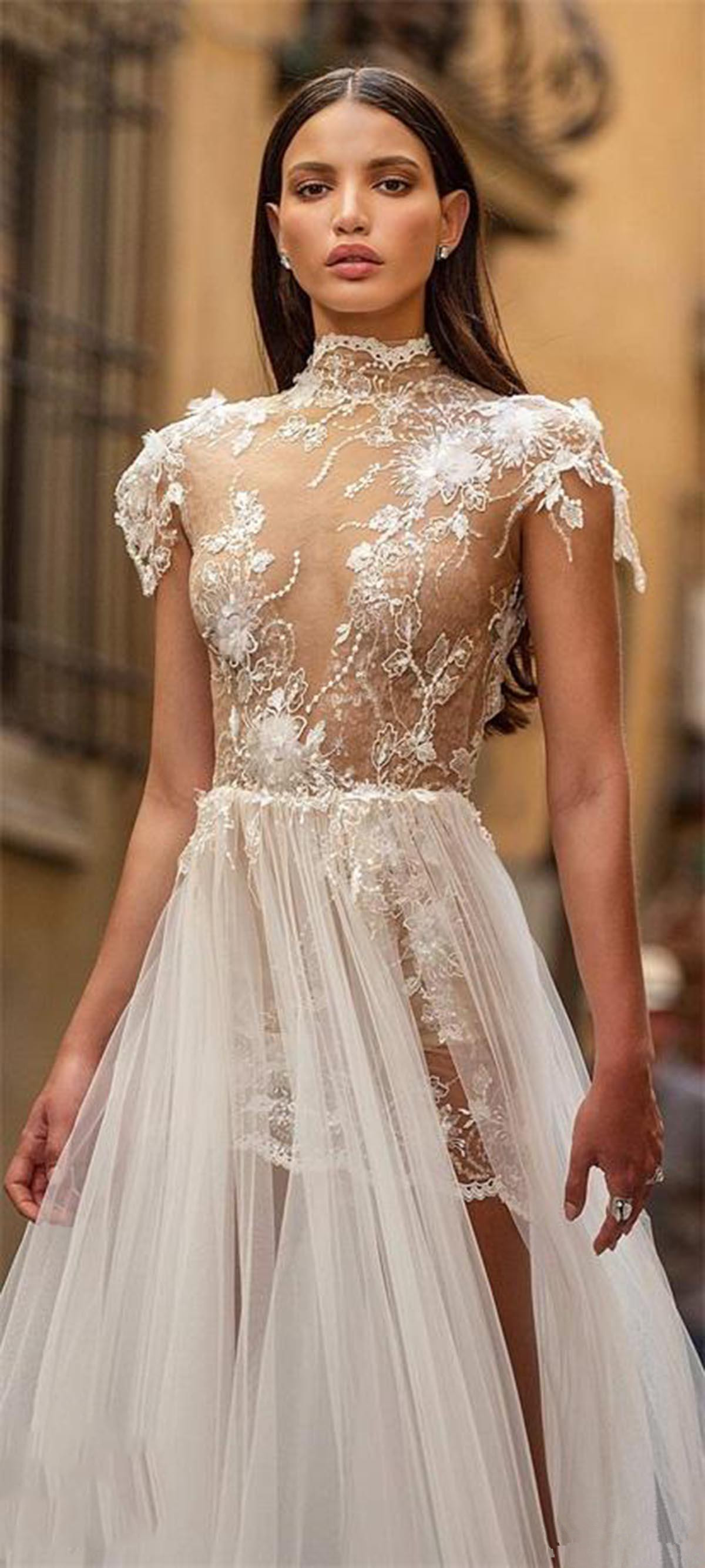 Berta 2020 A Line Wedding Dresses With Detachable Train High Neck Appliqued Beads Lace Bridal Gown Backless Robes De Mariée