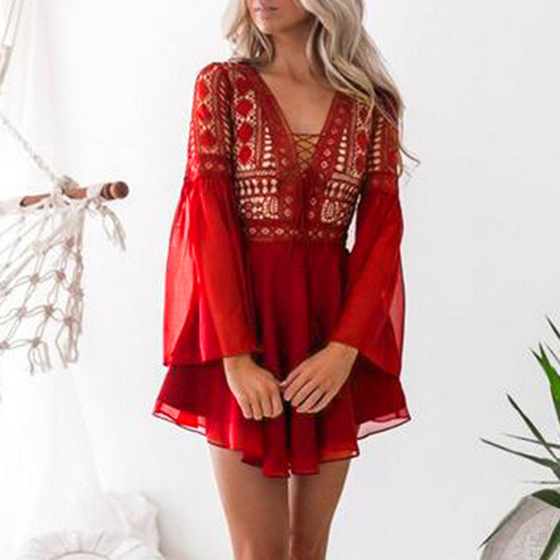 

Hollow Out White Dress Sexy Women Mini Chiffon Dress Criss Cross Semi-sheer Plunge V-Neck Long Sleeve Crochet Lace Black