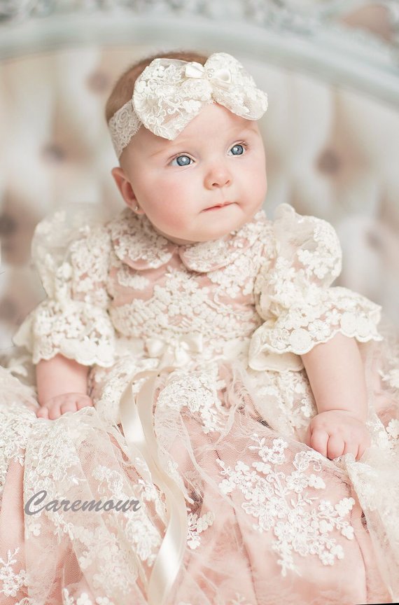 Baptism Dress Girls Christening Gown Set With Pink Underlay Custom Made First Communion Gowns