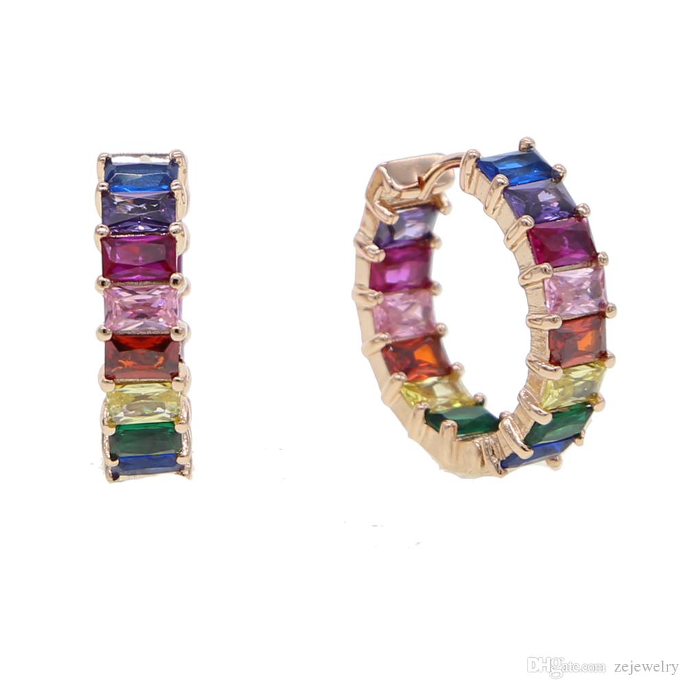 new fashion cubic zirconia baguette stones hoop ear earrings women shinning wedding earring delicate colorful rainbow mini cz earring