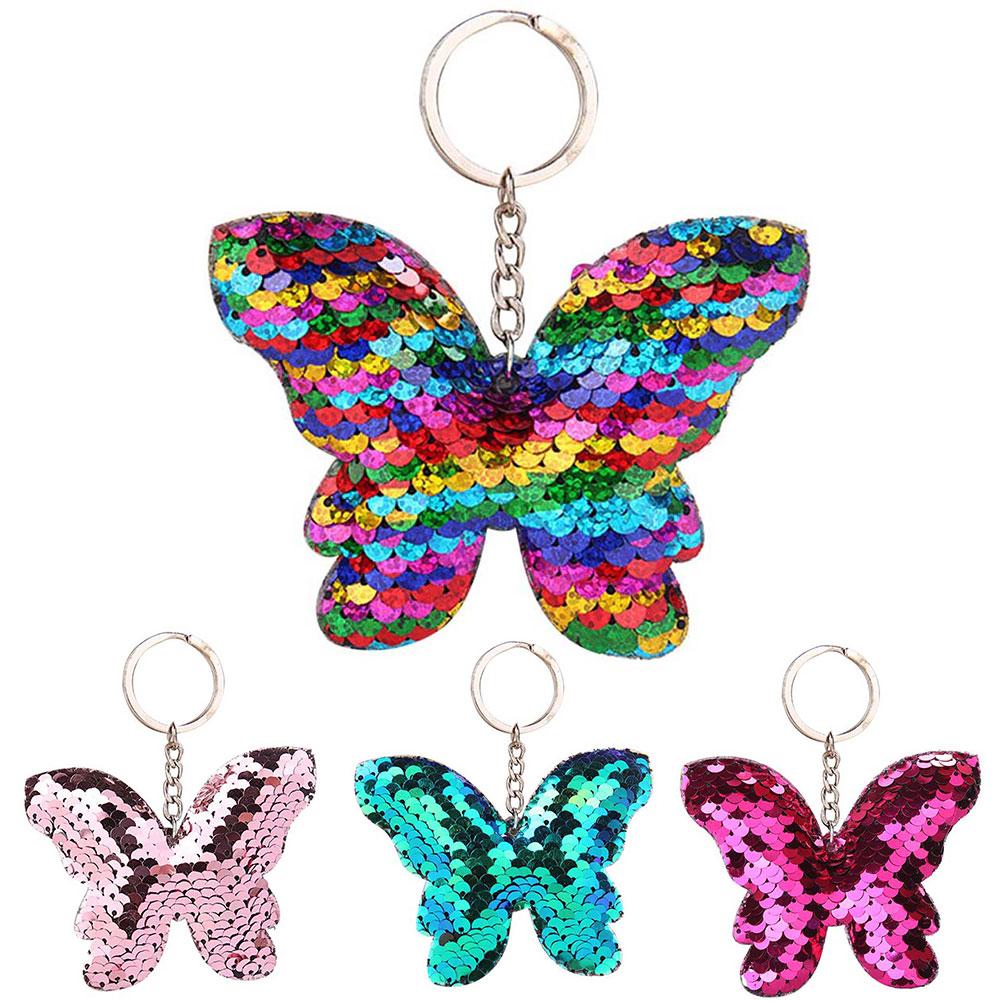 Car Sparkling Colorful Sequins Butterfly Shape Pendant Keychain Car Key Ring Holder Hanging Decoration Keychain Sequins Decor 12