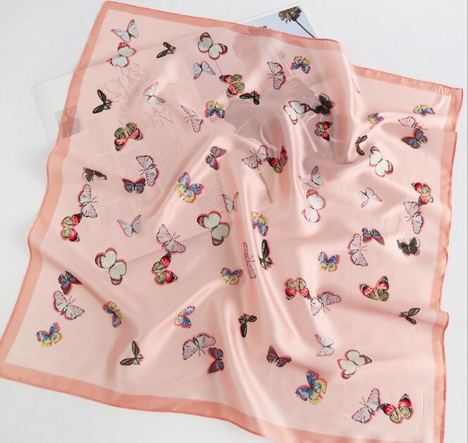 Spring new Korean version of sweet butterfly printed silk scarf custom simple fashion simulation silk small square WY766