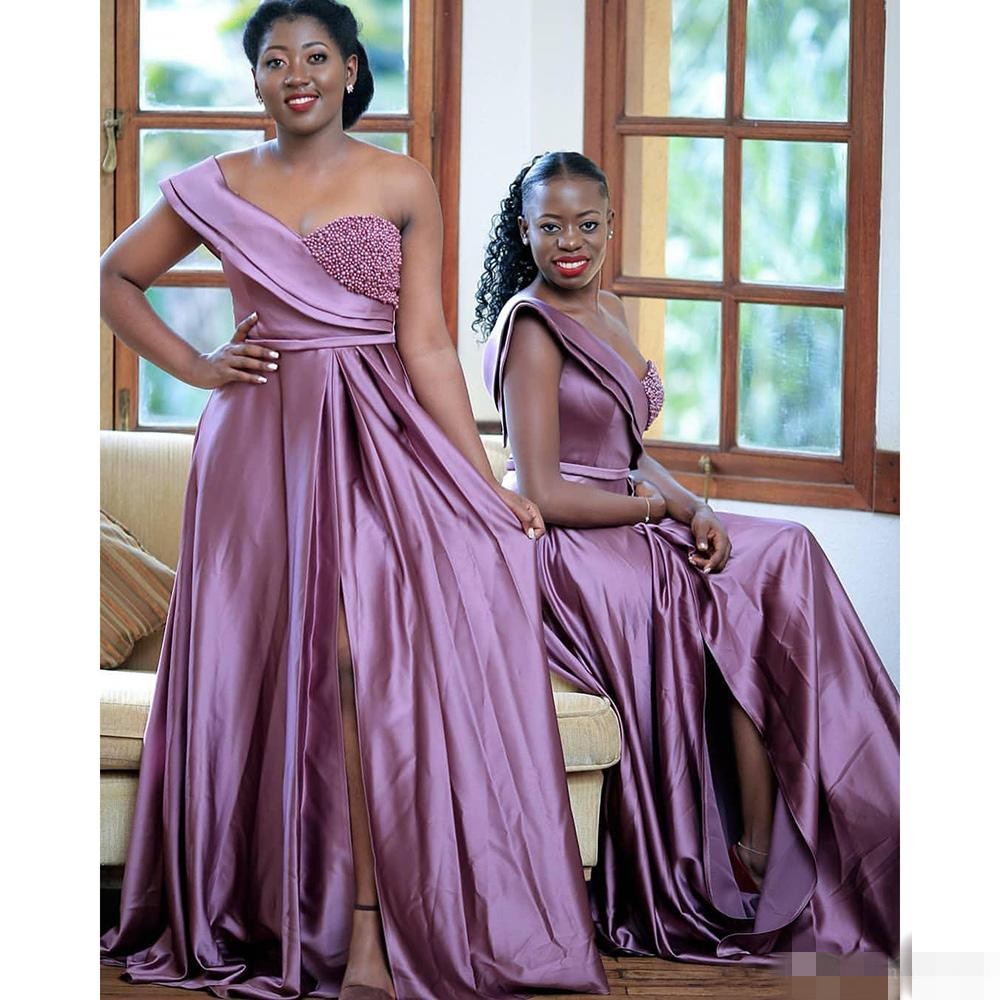 Bridesmaid 2020 Purple Dresses Satin Off The Shoulder Ruffles Beaded Pearls Side Slit African Plus Size Maid Of Honor Gown Wedding Guest