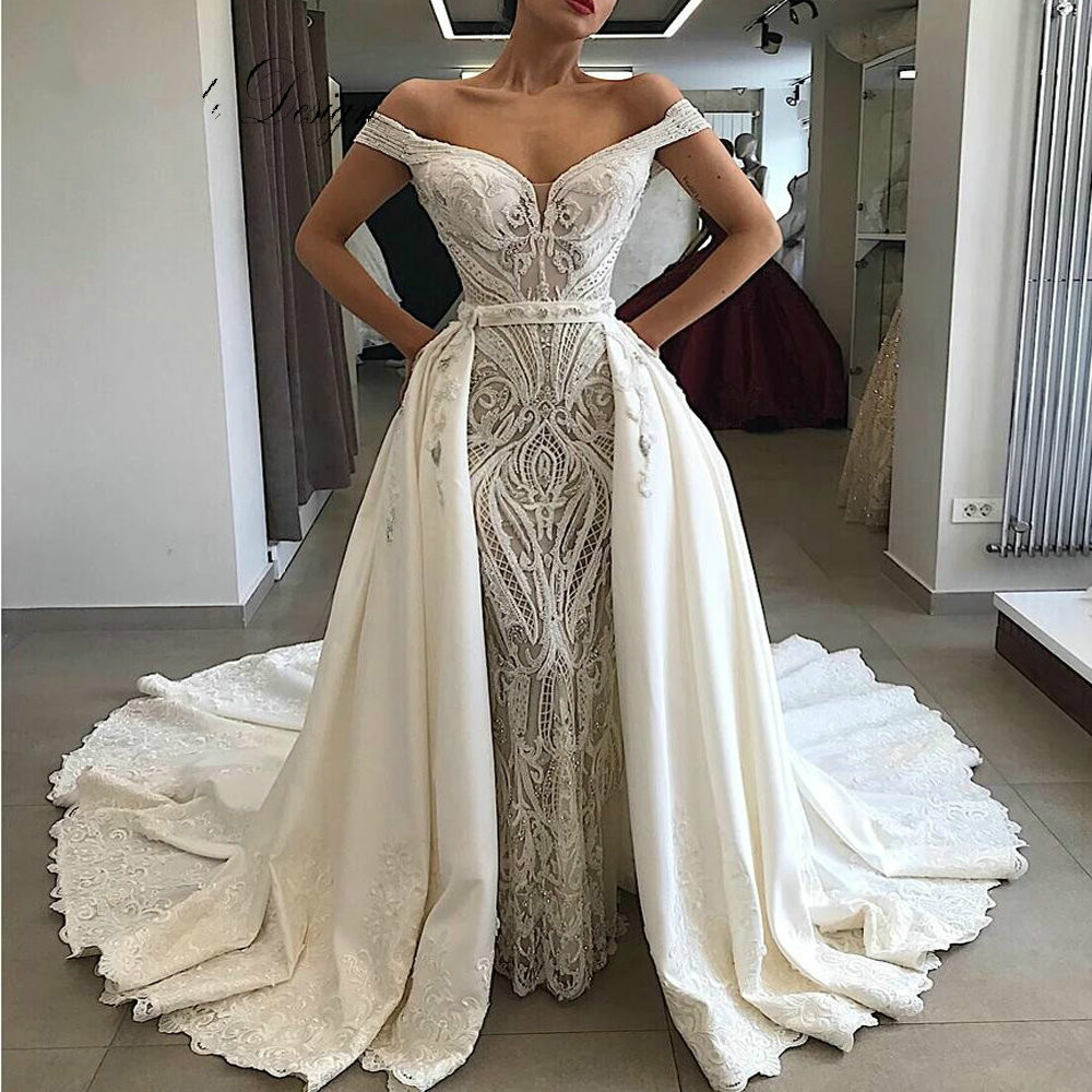 Gorgeous Mermaid Lace Arabic Wedding Dresses Off The Shoulder Detachable Train Customize Dubai Wedding Gowns Applique Robe De Mariee