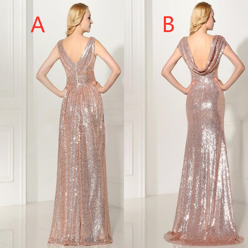 Rose Gold Sequined Long Bridesmaid Dresses Sexy V-neck Pleated Backless Formal Dress Party Vestido De Festa Longo SD349 SD347