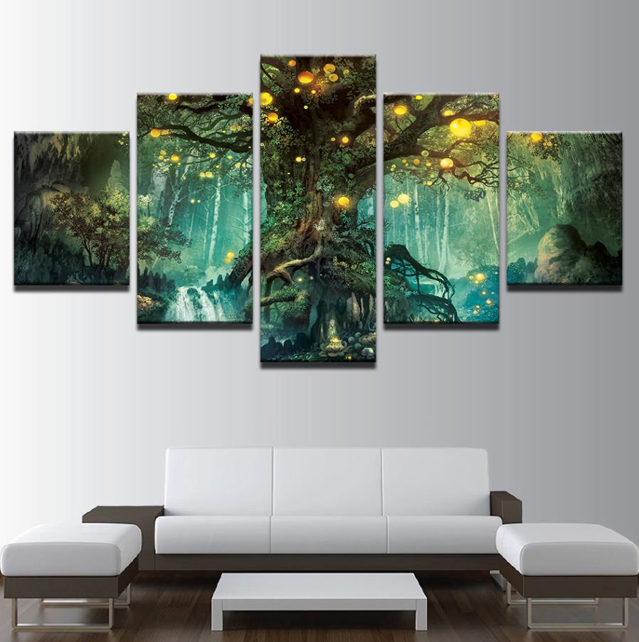 HD Printed Home Decor Paintings On Canvas Wall Art 5 Pieces Enchanted Tree Scenery Modular Vintage Pictures For Living Room No Frame