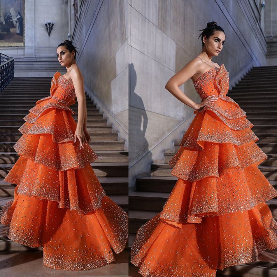 Newest Orange Prom Dresses Strapless A Line Tiered Skirts Bling Beads Evening Dress Party Wear Custom Made Formal Occasion Gowns