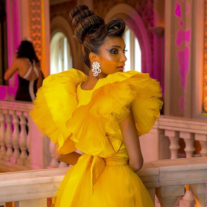 2020 New Sexy Gold High Low Prom Dresses With Tutu Detachable Train Deep V-neck Ruffles Prom Gowns Over-skirt