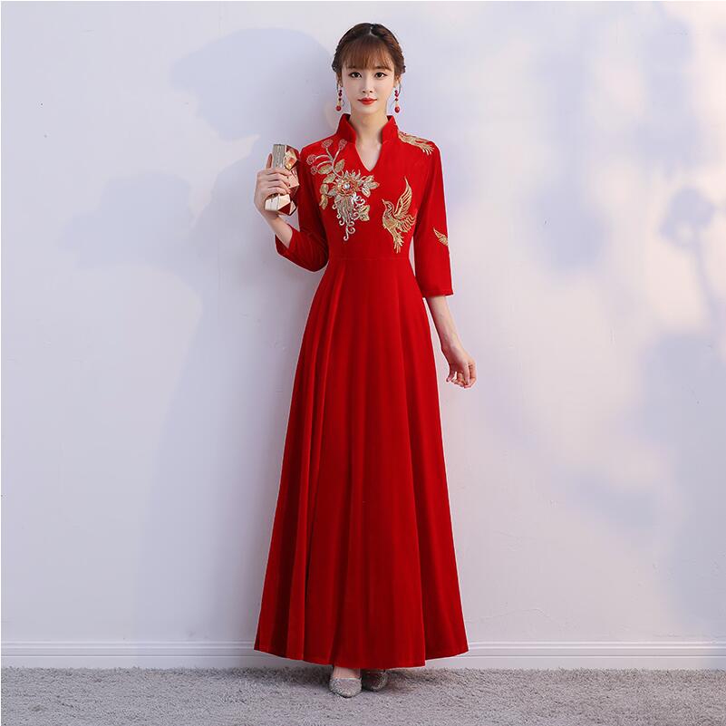 Improve Embroidery Cheongsams Chinese Style gown Spring Red Qipao Party dress Vintage Elegant Long Robe Oriental Vestido
