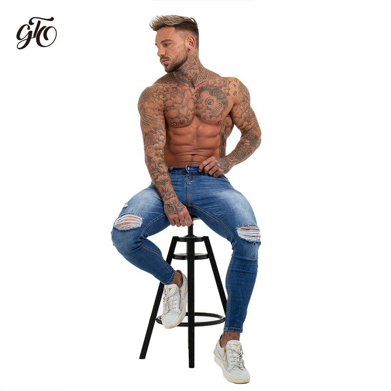 Gingtto Mens Jenas Side Stripe Super Spray on Skinny Jeans Men Plus Elastic Waist Europe Size Athletic Body Type Street Fashion CJ191210