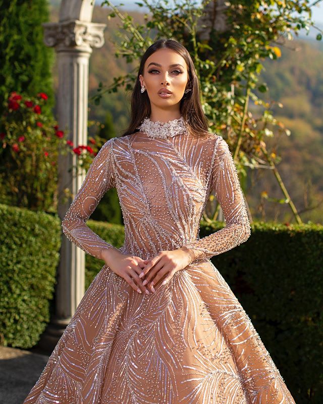 2020 Stunning Evening Dresses High Neck Beaded Sequins Long Sleeves Prom Dress Ruffle Floor Length Custom Made Formal Party Gown
