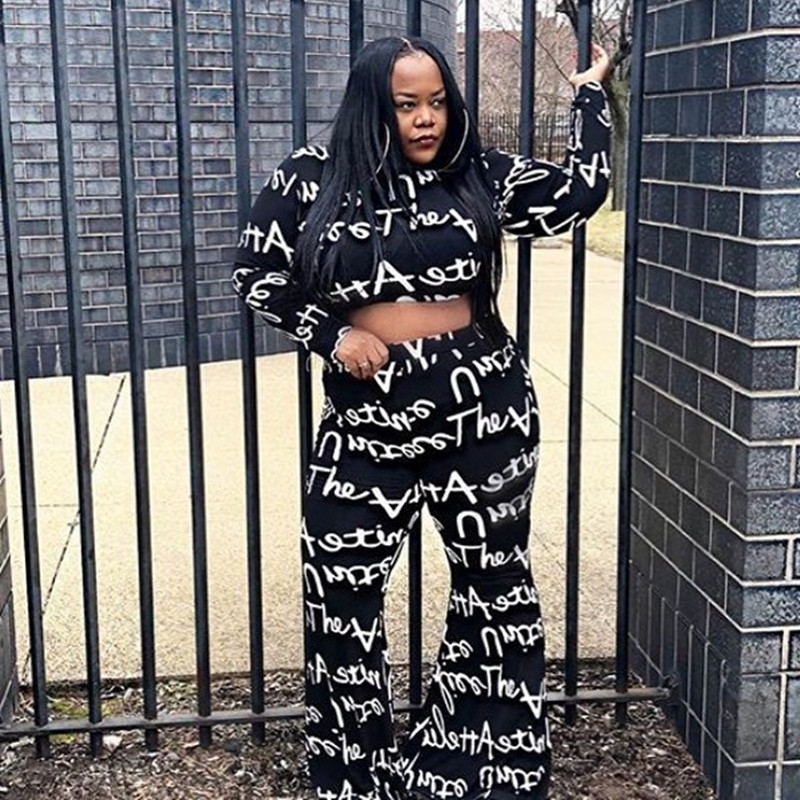 2020 Spring fashion letter print pant set o neck 2 pieces crop top and flare pant suit lady two pieces clothes suit, Black
2020 Spring fashion letter print pant set o neck 2 pieces crop top and flare pant suit lady two pieces clothes suit, Black