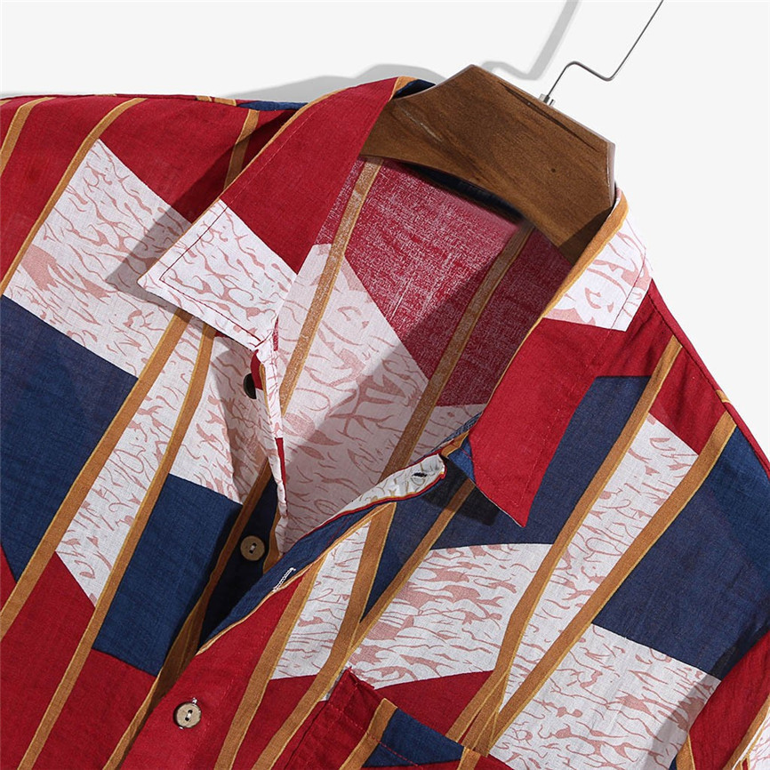 Hawaiian Print Shirt 2019 Men Contrast Color Geometric Print Button Short Sleeve Loose Streetwear Oversize Camisa Masculina