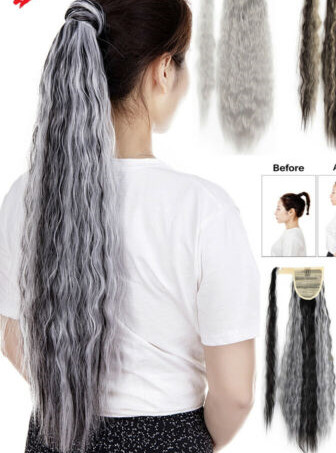 New Wavy/Curly brown grey Wave two tone mixed Ponytail Wrap Ponytail Clip in Hair Extension