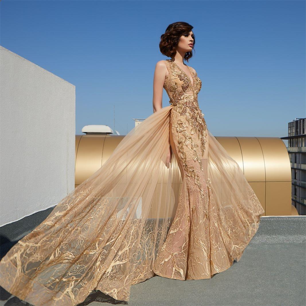 Luxurious Gold Mermaid Evening Dresses with Overskirt Lace Beaded Sleeveless robes de soirée Prom Gowns Red Carpet Celebrity Dress